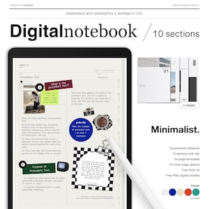10 Tabs 54-Seiten-Vorlage Digitales Notizbuch minimalistisch trendy Retro-Stil beige blau Notizseite Thema kostenlose Aufkleber Handschrift Schriftarten Goodnotes