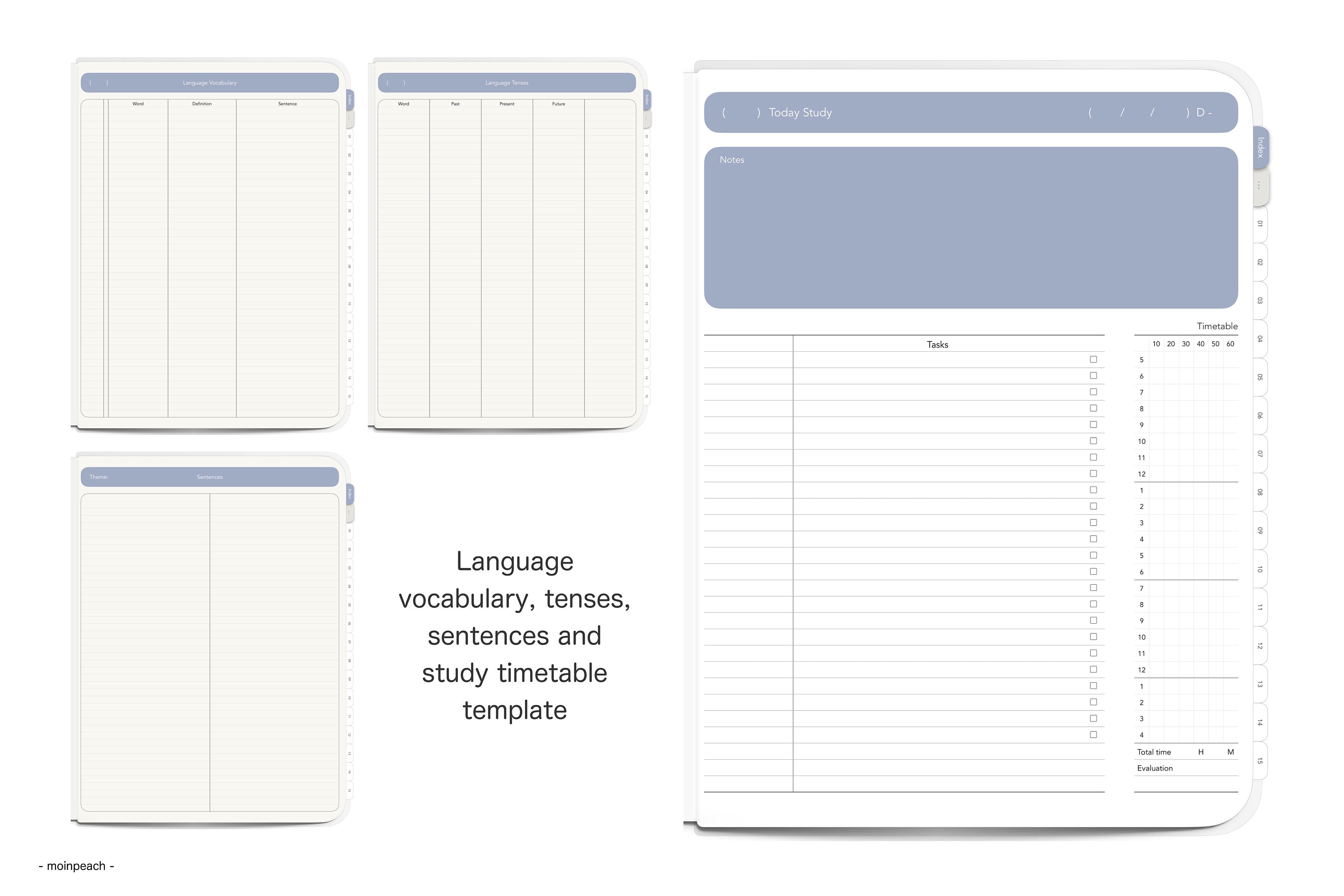 15 Tabs Digital Notebook Template in Blue Beige 2 Vers White and Yellow ...