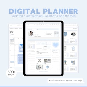 Op de afbeelding: Een digitale planner met een lichtblauw en wit kleurenschema. De planner heeft een web-thema met een kalender, to-do-lijst en notitiegedeeltes. De planner is niet gedateerd en heeft meer dan 500 pagina's.