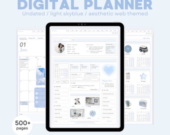 Undated Digital Planner Light Skyblue Aesthetic Web themed portrait monthly weekly daily study work plan template free stickers goonotes 5