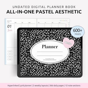 ODATERING Digital Planner Allt-i-ett ljus pastell estetiskt tema landskap mall månatligt rutnät söta klistermärken anteckningsbok
