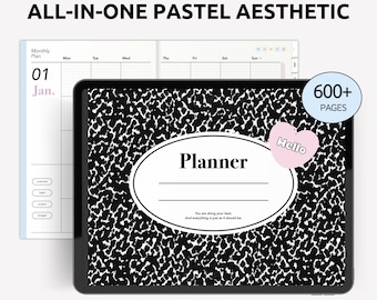UNDATED Digital Planner All-in-one light pastel aesthetic theme landscape template monthly grid cute stickers notebook