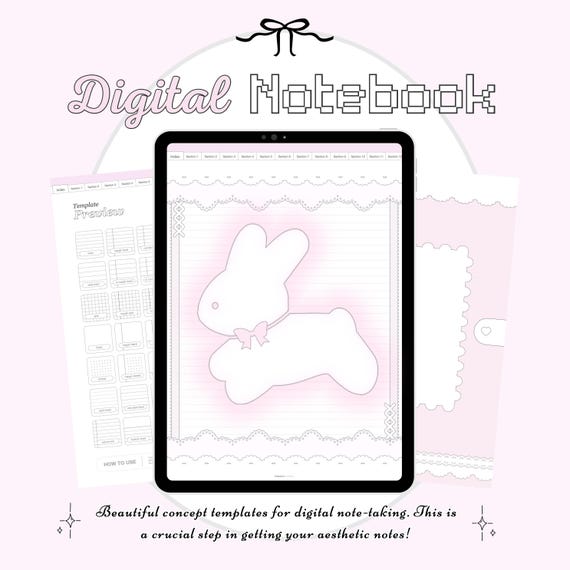 12 Tabs Digital Notebook Pink Coquette Bunny Cute Themes Portrait goodnotes template hyperlink aesthetic paper stickers student study note