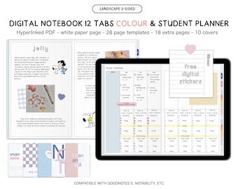 12 Tab Color Digital Notebook Landscape 2 Sided Minimalist for Student Pastel Goodnotes 5 Notability template pomodoro cornell stickers pink