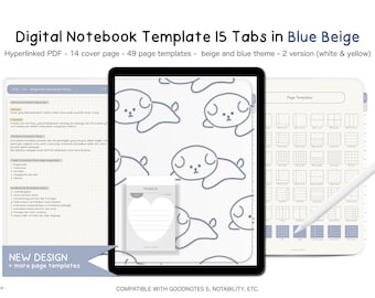 15 Tabs Digital Notebook Template in Blue Beige 2 vers White and Yellow minimalist cute goodnotes notability hyperlinked iPad kawaii student