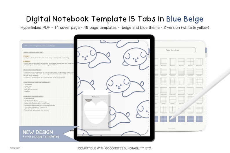 15 Tabs Digital Notebook Template in Blue Beige 2 Vers White and Yellow ...