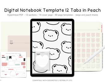 12 Tabs Digital Notebook Template in Peach Beige page cute minimalist theme lined grid cornell study language timetable goodnotes notability