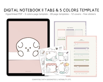 11 Tab 5 Colors Digital Notebook minimalist cute character hyperlinked goodnotes notability iPad notes student note taking template kawaii
