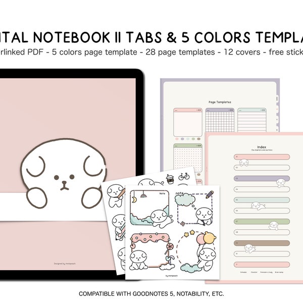 11 Tab 5 Colors Digital Notebook minimalist cute character hyperlinked goodnotes notability iPad notes student note taking template kawaii