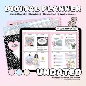 May include: A digital planner with a cute and minimalist design. The planner is themed with tea time and chill and features a black and white spotted background. The planner includes weekly layouts, a project notes section, and a travel plan section. The planner is designed by moinpeach.