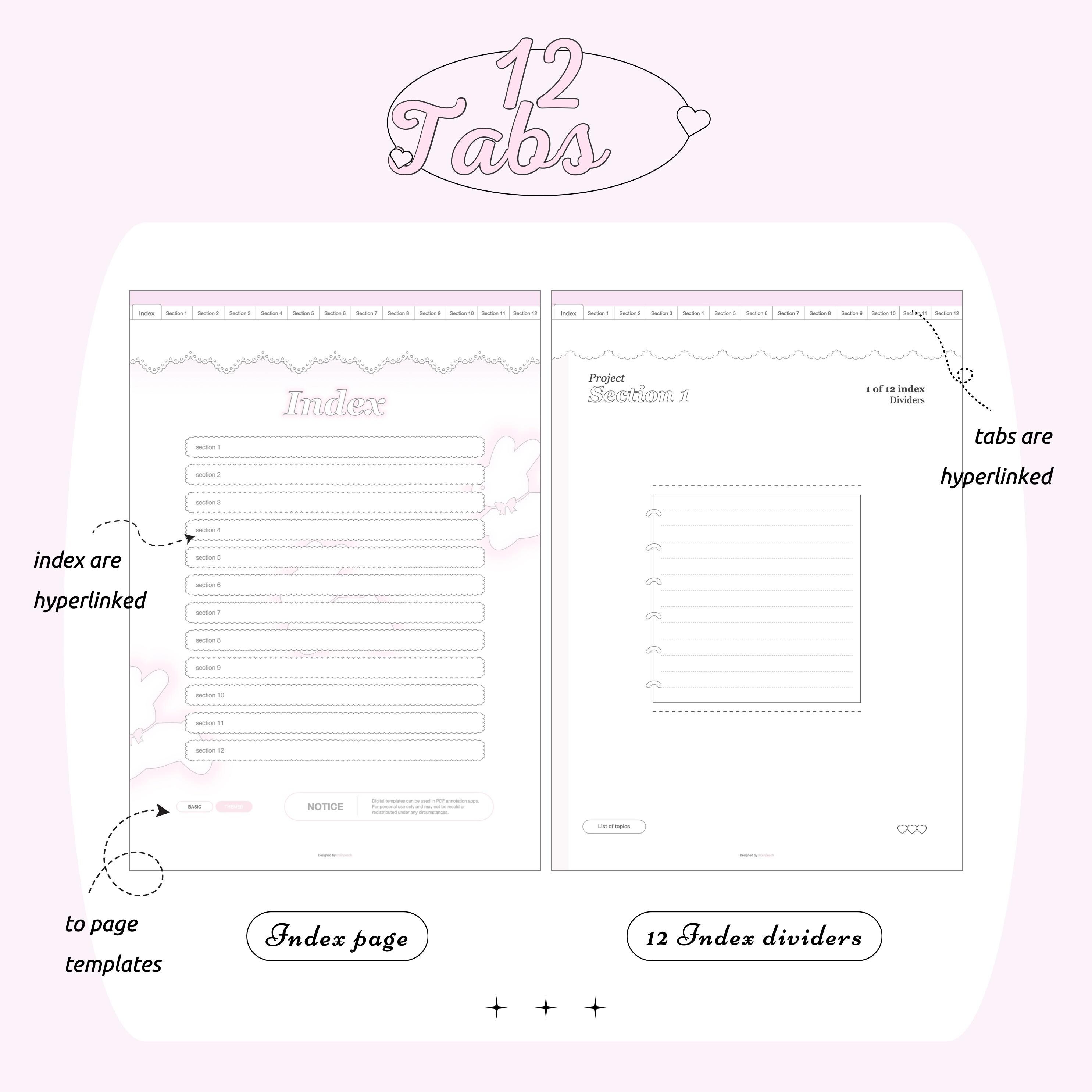12 Tabs Digital Notebook Pink Coquette Bunny Cute Themes Portrait ...