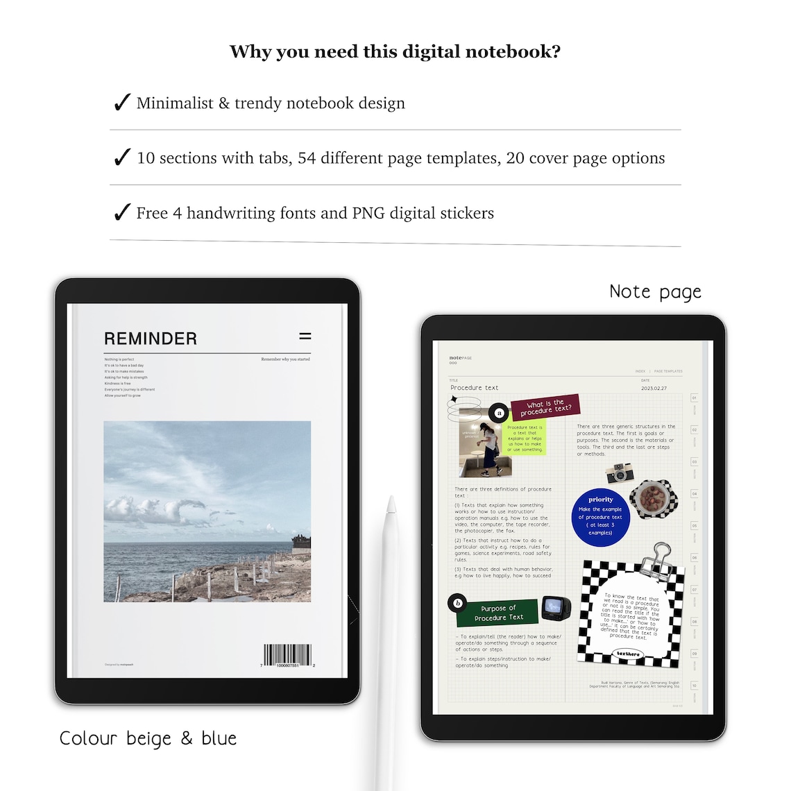 10 Tabs 54 Page Template Digital Notebook Minimalist Trendy Retro Style ...