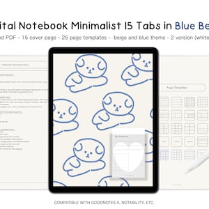 15 Tab Digital Notebook minimalist cute blue character hyperlinked goodnotes notability iPad notes student note taking template kawaii