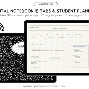 18 Tab 2 vers Digital Notebook Landscape Minimalist Study Book Printable black white Goodnotes 5 Notability template pomodoro cornell