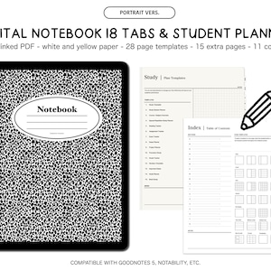 18 Tab 2 vers  Digital Notebook Minimalist Study Book Printable black white Goodnotes 5 Notability  template note aesthetic pomodoro cornell