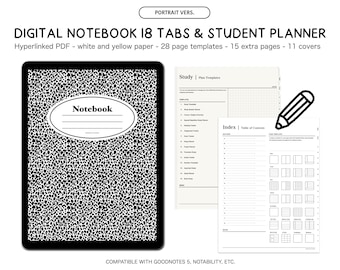 18 Tab 2 vers  Digital Notebook Minimalist Study Book Printable black white Goodnotes 5 Notability  template note aesthetic pomodoro cornell