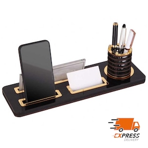 Personalisiertes Luxus Schreibtisch-Namensschild | Schwarz Holz Schreibtisch Namensschild mit Stift und Kartenhalter, Schreibtisch Accessoires, Büroschild, Schreibtischschild