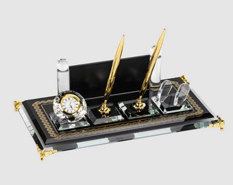 Personalized Luxury Desk Name Plate | Black Glass Desk Name Plate with Clock, Pen Holder Cardholder, Custom Desk Name Plate, Desk Sign