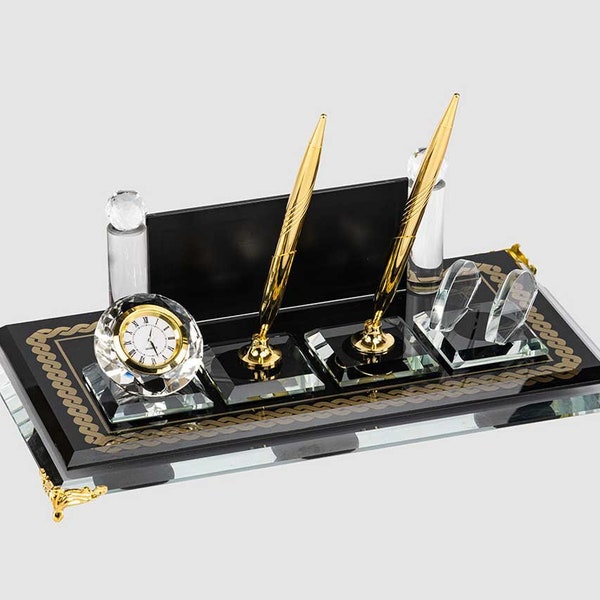 Personalized Luxury Desk Name Plate | Black Glass Desk Name Plate with Clock, Pen Holder Cardholder, Custom Desk Name Plate, Desk Sign