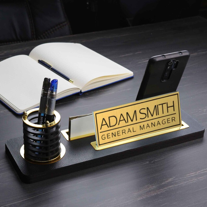 Custom Leather Desk Name Plate Card Holder Phone Holder New Etsy