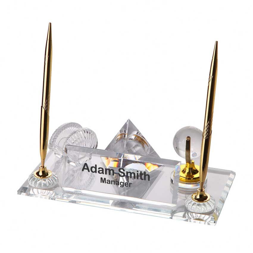 Crystal Glass Desk Name Plate and Pen Desk Stand Set Etsy