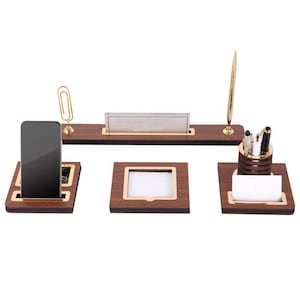 Personalized Walnut Surface Wood Desk Name Plate with Pen Box & Phone Holder: New Job Gift for Office