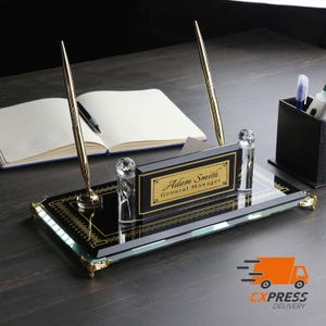 Targa da scrivania personalizzata di lusso / Targa da scrivania in vetro nero con orologio, penna e porta biglietti da visita, targa da scrivania personalizzata, cartello da scrivania