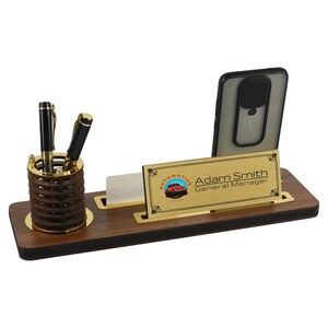 Personalized Walnut Surface Wood Desk Name Plate with Pen Box & Phone Holder: New Job Gift for Office