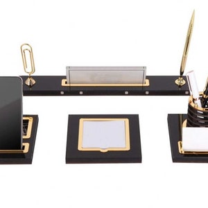 Placa de nombre de escritorio de lujo personalizada / placa de nombre de escritorio de madera negra con bolígrafo y tarjetero, accesorios de escritorio de oficina personalizados, letrero de escritorio imagen 1