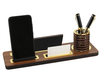 Personalisierter Holz Schreibtisch Organizer: Stifthalter & Handyhalter, Geschenk für neuen Job