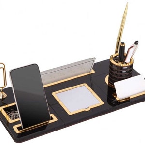 Placa de nombre de escritorio de lujo personalizada / placa de nombre de escritorio de madera negra con bolígrafo y tarjetero, accesorios de escritorio de oficina personalizados, letrero de escritorio imagen 3