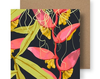 Tropical Card/Tropical Plant Card/ Tropical Flowers Card/Pink Card/Tropical Heliconia Card/Floral Card/Heliconia Card/Blank Card/Art Card