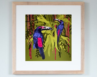 Toucans Art Print/Staghorn Fern Print/Toucan Art Illustration/ Jungle Illustration/Heliconia/Jungle Print/Popping Pink/Popping Purple/Toucan