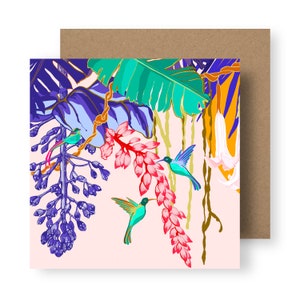 Tropical Card/Tropical Plant Card/ Jungle Leaf Card/Pink Card/Tropical Bird Card/Floral Card/Jungle Pattern Card/Hummingbirds Card image 1