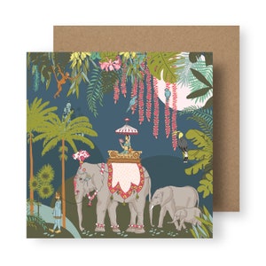 Tropical Card/Tropical Plant Card/ Birthday Card/Blue Card/Elephant Card/Recycled Card/Square Card/Floral Card/Jungle Pattern Card zdjęcie 1