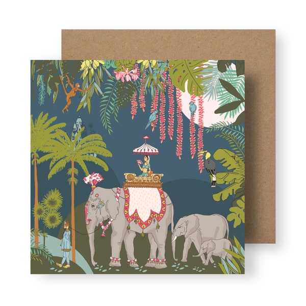 Tropical Card/Tropical Plant Card/ Birthday Card/Blue Card/Elephant Card/Recycled Card/Square Card/Floral Card/Jungle Pattern Card