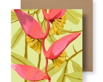 Tropical Card/Tropical Plant Card/ Tropical Flowers Card/Pink Card/Tropical Heliconia Card/Floral Card/Heliconia Card/Blank Card/Art Card