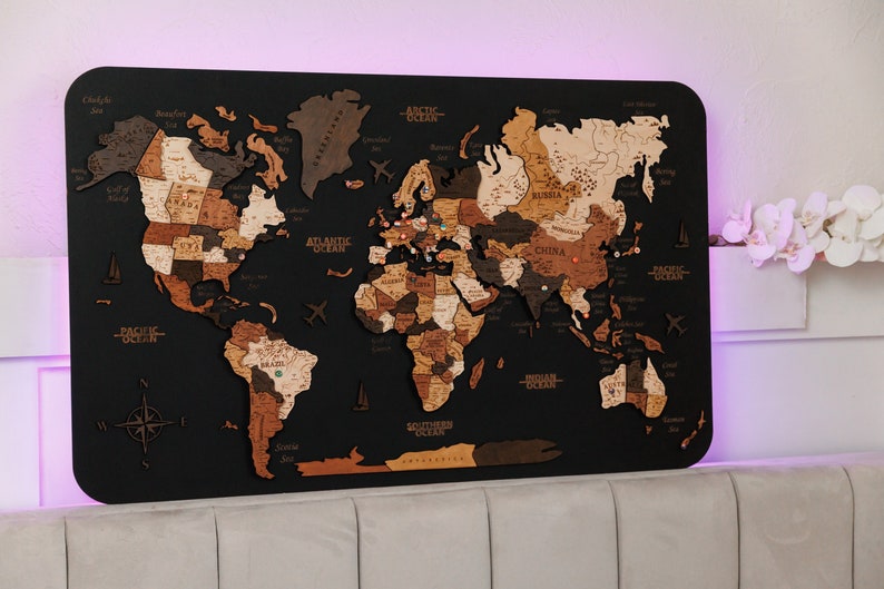 Multilayered World Map With States and Capitals, 3D Wooden World Map