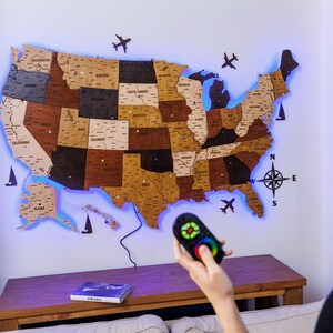 USA Wooden Map, USA Travel Map, USA Wood Map Push Pin, Above Bed Decor, Anniversary Gift for Wife or Husband