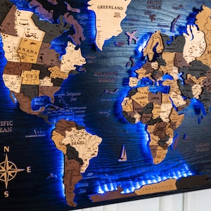 Led Weltkarte Pin, Reise Karte Wohnung Dekor, Holz Wandkarte Paare Geschenk, Weltkarte Wandkunst, Holzkarte, Weltkarte, Hauswanddekor