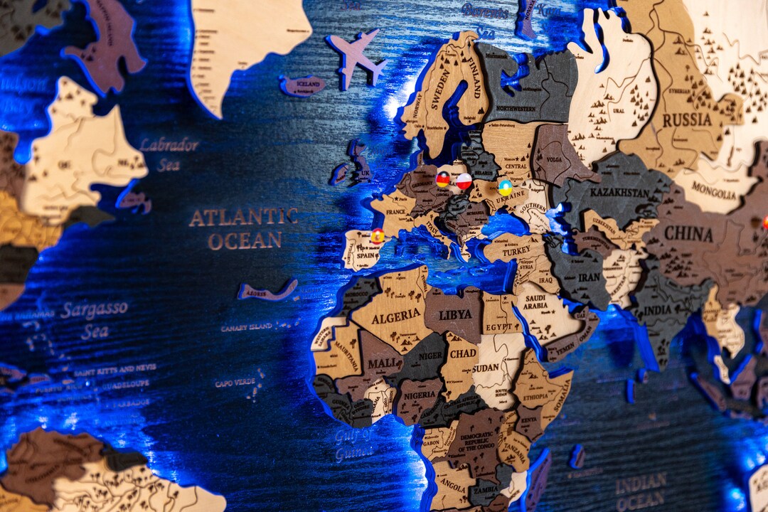 Led World Map Wall Art, Large World Map Push Pin, 3d Wood World Map Travel Gift, 5th Anniversary