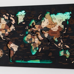 Wooden World Map – Travel Map with Pins, Push Pin Map World, 3D Map World, Customized Map, Perfect for College Wall Decor
