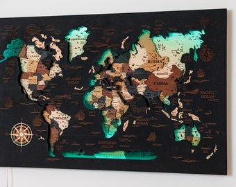 Travel Gifts Wooden World Map, Push Pin Travel Map, Office Wall Decor Wood Map, Pin Board Housewarming Gift, Living Room Decor  World Map