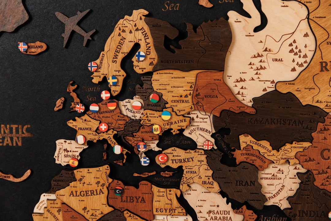 3D World Map With Pins, Wooden Map of the World, Travel Pin Board Map