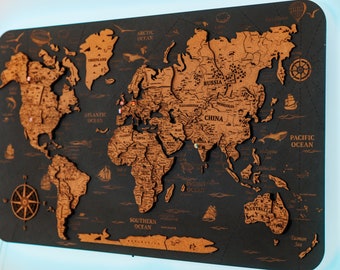 Wooden World Map Push Pin Canvas Wall Decor, Cork Map of the World Wooden Wall Art, Apartment Decor Wood Map, 3d World Map Wall Art