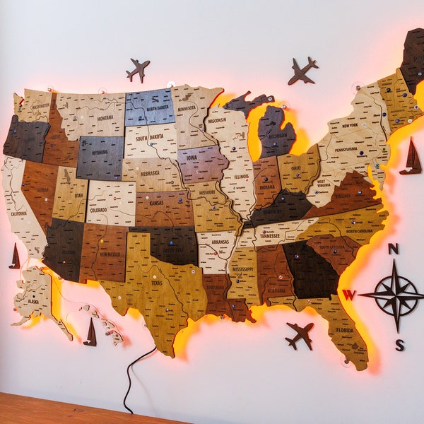Large US Map Home Decor, Travel Map Anniversary Gift,  US Push Pin Map Office Wall Decor, Housewarming Gift  Wooden Map, Led Map  Wall Art