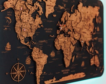Bacheca con mappa del mondo in legno personalizzata: decorazione per la casa a LED