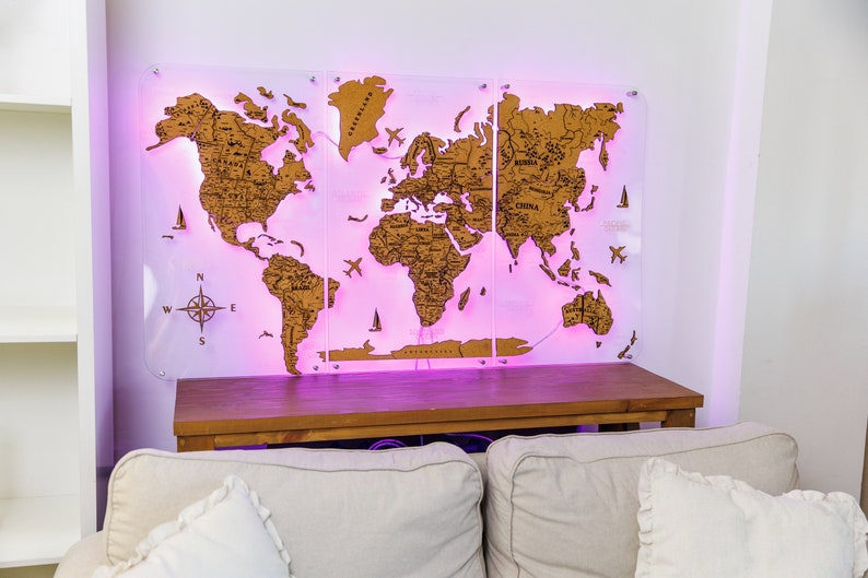 Illuminated World Map Led 3D Wall Map Art Detailed Push Pin Etsy