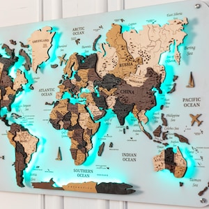 LED World Map – Wooden Push Pin Travel Map, Customized 3D Map World, Extra Large Wall Art, College or Home Decor