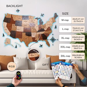 US Travel Map, Wood Map Wall Decor, Push Pin Map 5th Anniversary Gift ...